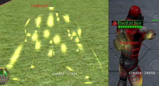 A stealth tank and soldier, both fashioning a bright effect -- like a ton of 
fireflies.